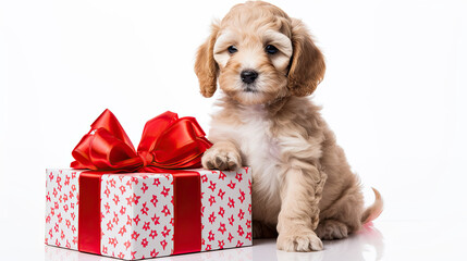 Cockapoo dog with a large gift box on a white background. Free space for product placement or advertising text.
