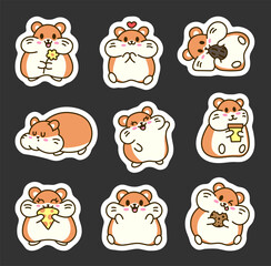 Cute kawaii hamster. Sticker Bookmark. Cartoon funny animals character. Hand drawn style. Vector drawing. Collection of design elements.