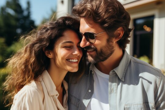 Young African American happy couple man woman feeling love romance joyful smiling harmony caring laughter hugs together embrace married enjoying two people family relationship happiness affectionale