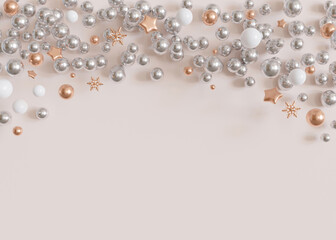 A Christmas background with space for text, displaying an array of silver, white, and gold baubles and stars, artfully arranged on a soft beige background for a festive composition. Copy space. 3D.