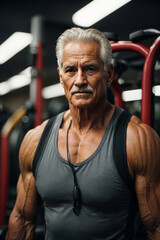 A close-up portrait of a handsome muscular athletic build of a gray-haired senior man in a sports gym. Senior retired people, active lifestyle, fitness, health concepts.