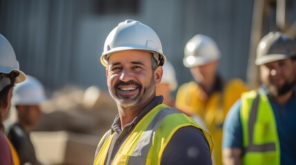 Cheerful diverse construction workers or safety engineers in protective gear at construction site