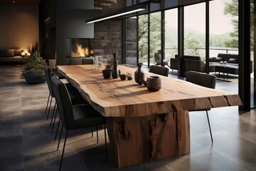 Massive wooden dining table in a modern living room - obrazy, fototapety, plakaty