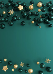 Vertical Christmas background with space for text, featuring a sophisticated array of teal and gold baubles with golden snowflakes and stars on a deep teal surface, perfect for festive designs. 3D.