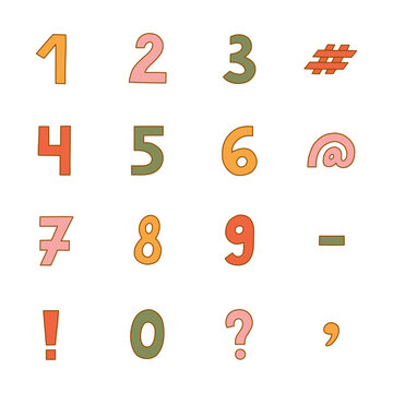 Cute funky number set with outline. Chunky bold symbols of question, comma, dash. Funny numbers and punctuation marks for cover, poster, banner, greeting card. Digits for retro design and logo