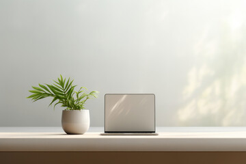 Minimalist Tech Aesthetics: Laptop in Glass with Plant Accent