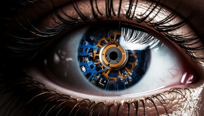 Close up futuristic technology human eye with cutting edge digital business concepts and time vision