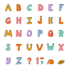 Cute funky 3d alphabet set with outline. Bold font with shadow. Funny latin ABC with uppercase letters, punctuation marks for cover, logo, festival headline. Typography for retro design and logo.