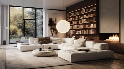 Cozy modern luxury interior design of the living room with a white sofa