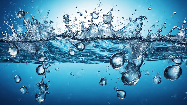 A depiction of water splashes rising from the surface and bubbles underwater, capturing the dynamic and high-quality motion of water in its various forms.