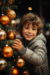 Fototapeta na wymiar Cute little boy decorating Christmas tree with golden balls. Happy child on the background of the Christmas tree.