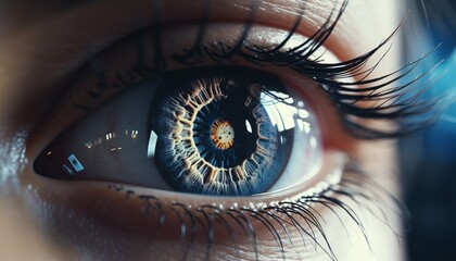 Futuristic technology close up eye with digital business concepts and visionary focus