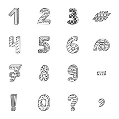 Doodle funky 3d number set with hand drawn outline and memphis decoration. Patterned bold symbols with shadow. Funny numbers and punctuation marks for cover, logotype, design template, poster