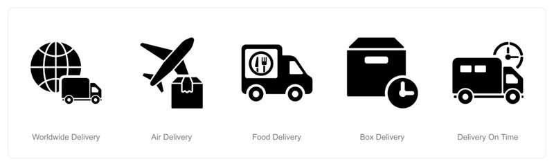 A set of 5 delivery icons as worldwide delivery, air delivery, food delivery