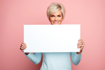 Middle-aged Female Holding White Cardboard Cutout, Isolated Backdrop