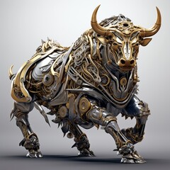 close up of a metal bull on a white background, digital art, , digital art, bull, intricate artwork. octane render, golden Taurus