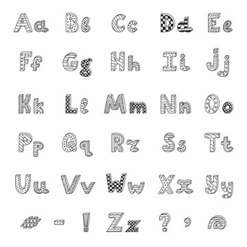 Cute doodle 3d alphabet set with hand drawn outline and memphis decoration. Patterned bold black and white font with shadow. Funny latin ABC with uppercase and lowercase letters, punctuation marks