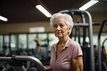 A beautiful elderly gray-haired pensioner woman trains in a sports gym. Fitness healthy lifestyle...