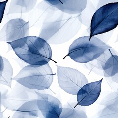 Seamless pattern of blue foliage skeleton with translucent texture on a clean white background