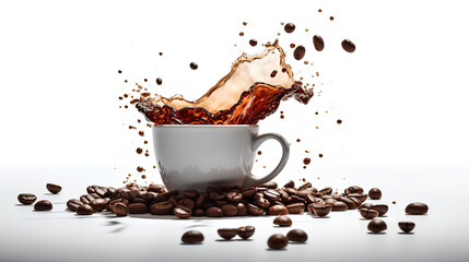 A splash of coffee in a cup. Drops and splashes of coffee on a white background. - obrazy, fototapety, plakaty
