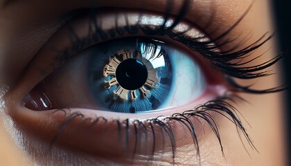 Fototapeta premium Cutting edge futuristic technology close up eye with digital focus and electronic vision