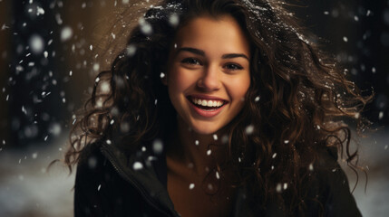 Beautiful young woman with curly hair on the background of the night winter city.