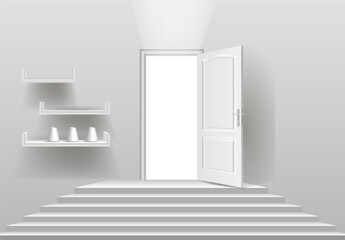 A 3D model of a staircase and an open door.
Vector illustration, monochrome.