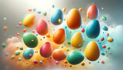 Background with colorful Easter Eggs floating in the air in motion. Vibrant Easter design. Motion blur, abstract