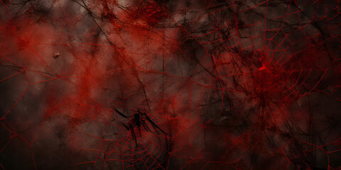 Scary Grunge Background With Dark Smoke Wall with black spiders, Dark horror background in black and red tones with sepia goth crack and grey mist, smoke or fog, generative AI