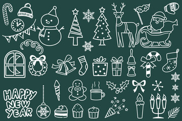 Set of Christmas design elements in doodle style, Christmas decorations, collection, snowman, hat, santa claus, xmas, snowflakes, new year, illustration, holiday, vector, minimal
