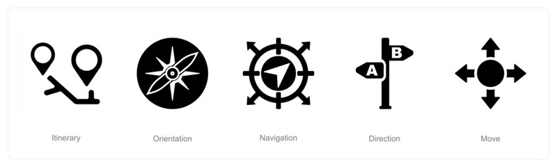 A set of 5 Direction icons as itinerary, orientation, navigation