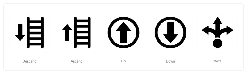 A set of 5 Direction icons as descend, ascend, up