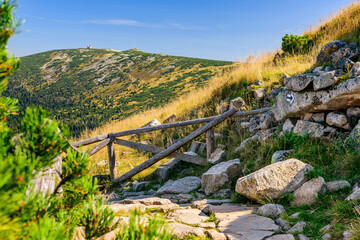 Karkonosze Mountains, Western Sudetes, mountain hiking trail leading along the plain through the peaks, natural mountain landscape with high-mountain vegetation on a sunny summer day.