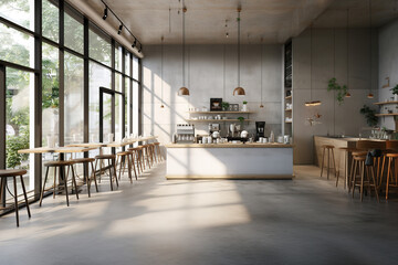 Minimal interior design coffee cafe shop with white concrete wall and glass wall, wooden chair and with glossy ivory white  counter, coffee machinery. 