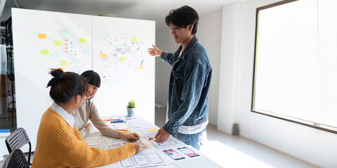 Ux developer and ui designer use augmented reality brainstorming about mobile app interface...