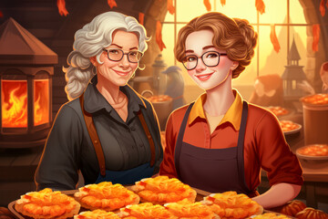 Realistic illustration of grandmother and granddaughter in autumn colours with huge tray of bakery items. Cozy rural kitchen with fireplace