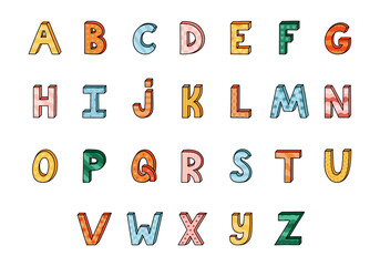 Funky doodle 3d alphabet set with hand drawn outline and memphis decoration. Patterned bold doodle font with shadow. Funny latin ABC with uppercase letters for cover, logo, headline, greeting card.