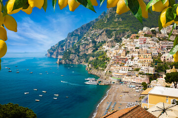 Aerial view of Positano on Amalfi Coast in Campania, Italy - obrazy, fototapety, plakaty