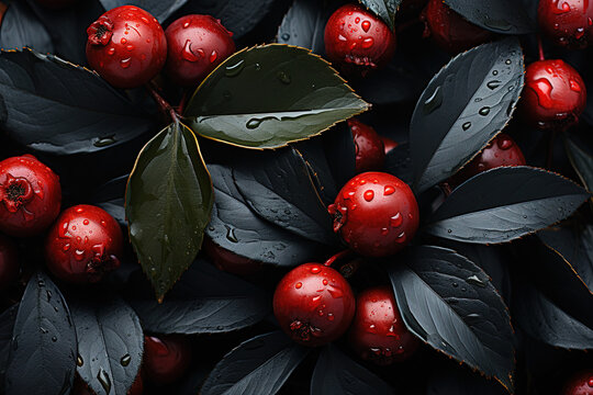 Scarlet Tapestry: Cranberry Leaves Intertwined with Red Berries in Autumn Dance - Generative AI