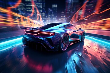 Obraz premium Holographic Car Racing in Digital Landscape, hologram, race, virtual, track