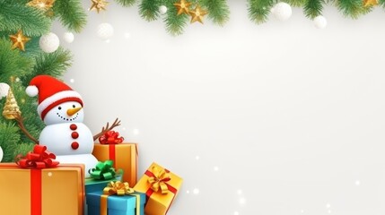 Christmas background with snowman and gift boxes.