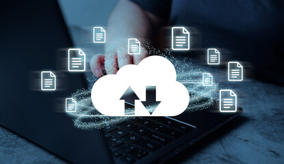 Woman use laptop with digital cloud computing diagram interface. Data storage and backup concept. Cloud technology management big data.