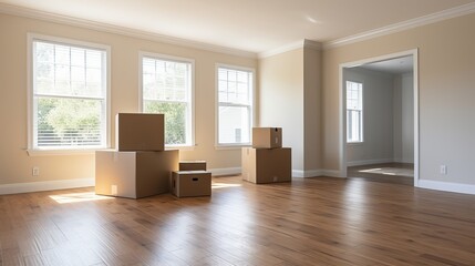 Fototapeta premium Moving to new home donation concept stack of cardboard boxes with cat sitting in empty box