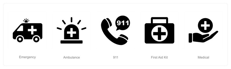 A set of 5 Emergency icons as emergency, ambulance, 911