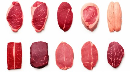 Assorted raw steaks set, top viewFresh meat cuts collection isolated on white background. - obrazy, fototapety, plakaty
