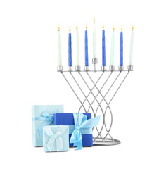 Hanukkah celebration. Menorah with candles and gift boxes isolated on white