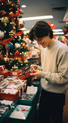 Handsome young man choosing Christmas gifts in a store.