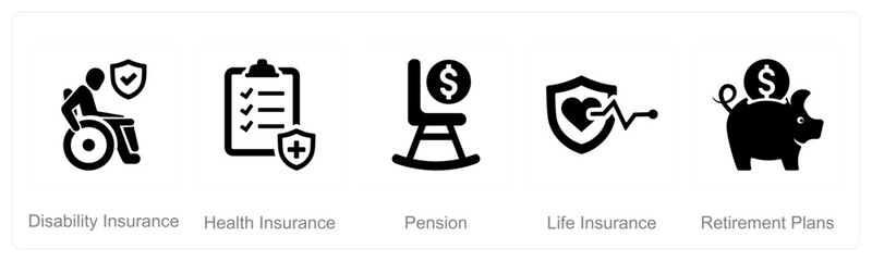 A set of 5 Employee Benefits icons as disability insurance, health insurance, pension