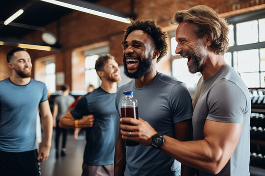 Mature sporty diverse guys laughing together after training in the gym. Cheerful middle aged caucasian man holding protein shake bottle and talking with his African friend in health club hall.