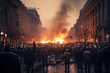Riot Police clashed with protesters on the sidelines with burning fire. - obrazy, fototapety, plakaty
